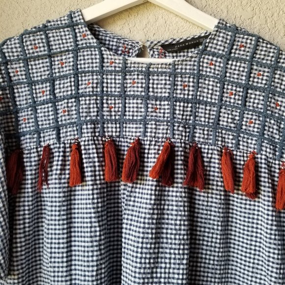 Zara Woman Gingham Check Embroidered Tassel Top Boho Blue White Womens Size S - Picture 2 of 12